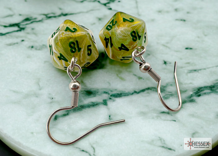 Hook Earrings Marble Green Mini-Poly d20 Pair