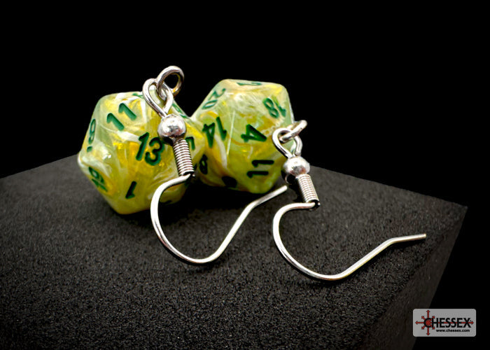 Hook Earrings Marble Green Mini-Poly d20 Pair