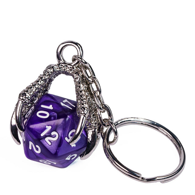 Claw Purple D20 Keychain Featuring Silver Metal Dragon Claw + d20