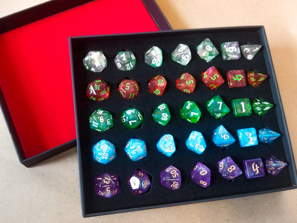 (Acrylic) 7-Dice Sets Gift Box | 5 Sets, Different Colors, Dungeons & Dragons Dice