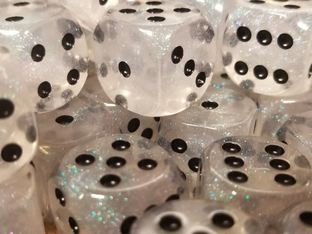 The Time Walker | Clear Glitter 16mm d6 Dice w/Black