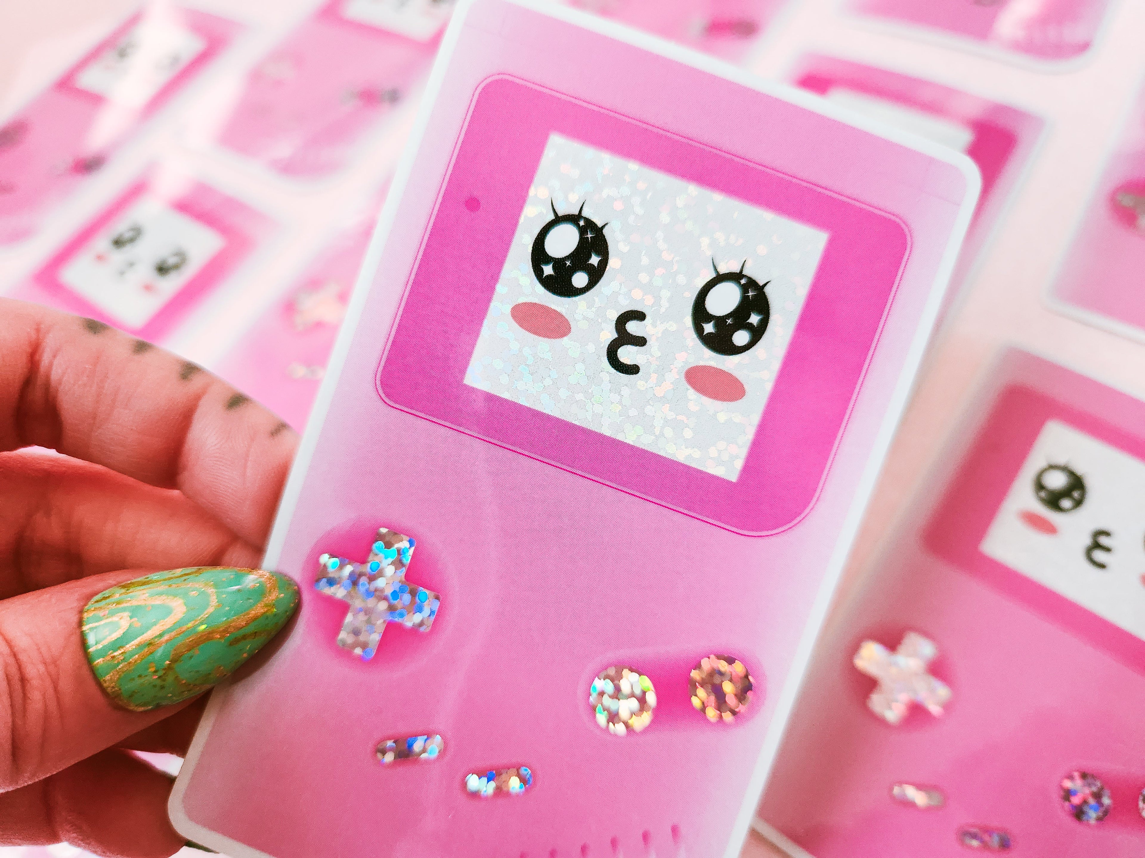 Pink Kawaii Gameboy Holographic Sticker, 2.4 x 4"
