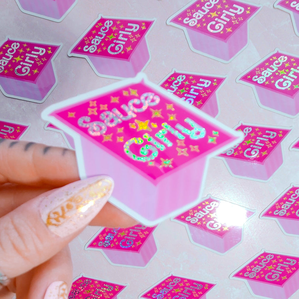 Sauce Girly Pink Holographic Sticker, 2.6 x 1.9 in.