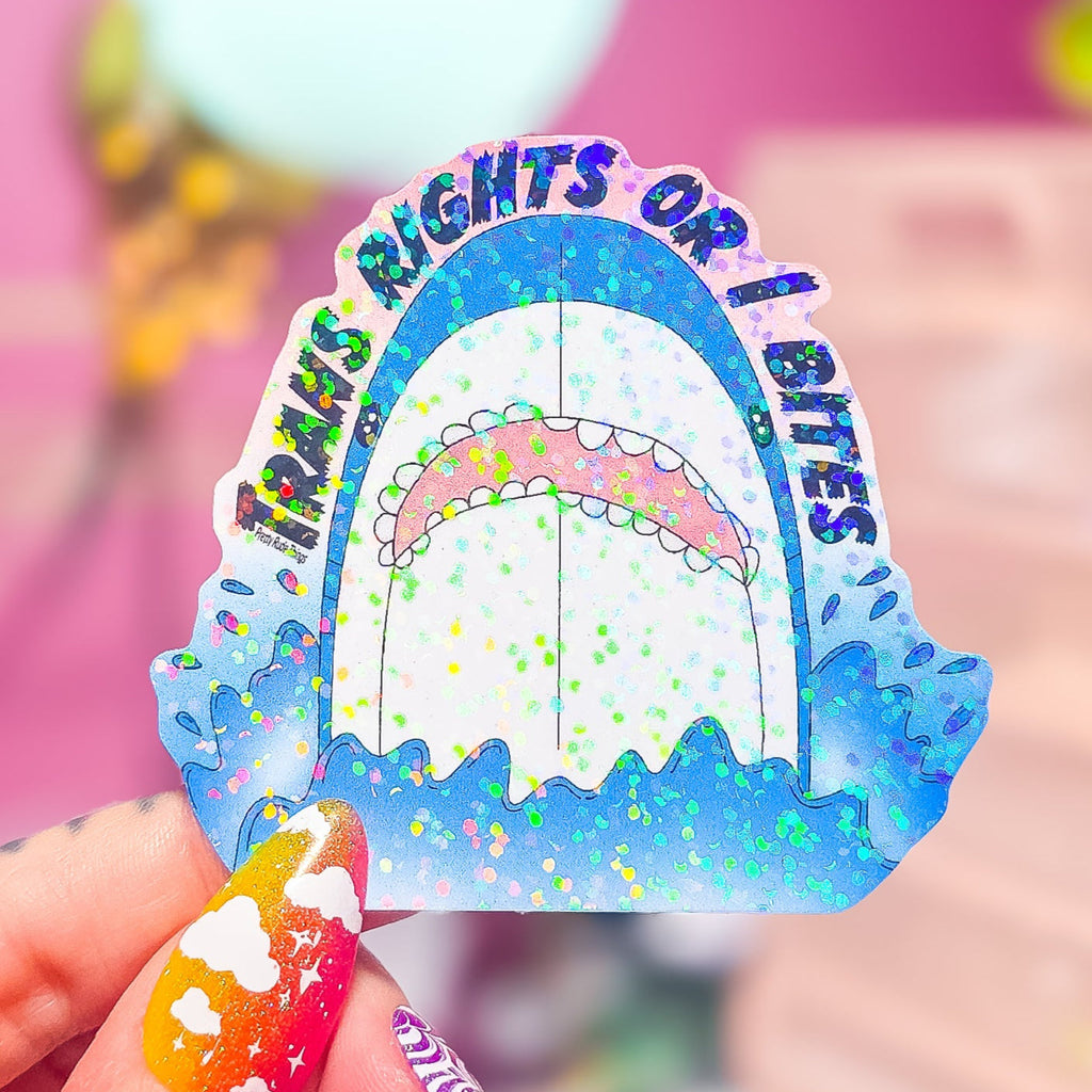 Trans Right or I Bites BLÅHAJ Shark Sticker, 2.75 x 2.6 in.