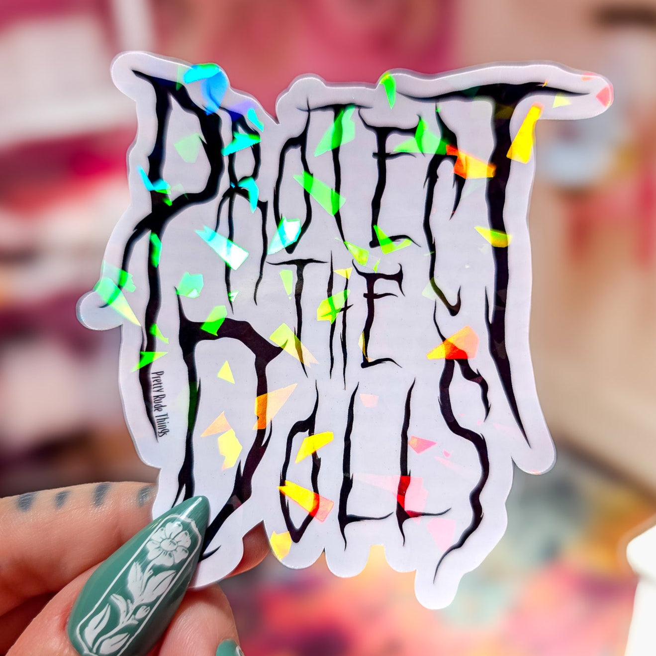 Protect The Dolls Metal Font Sticker, 3.1 x 3.2 in.