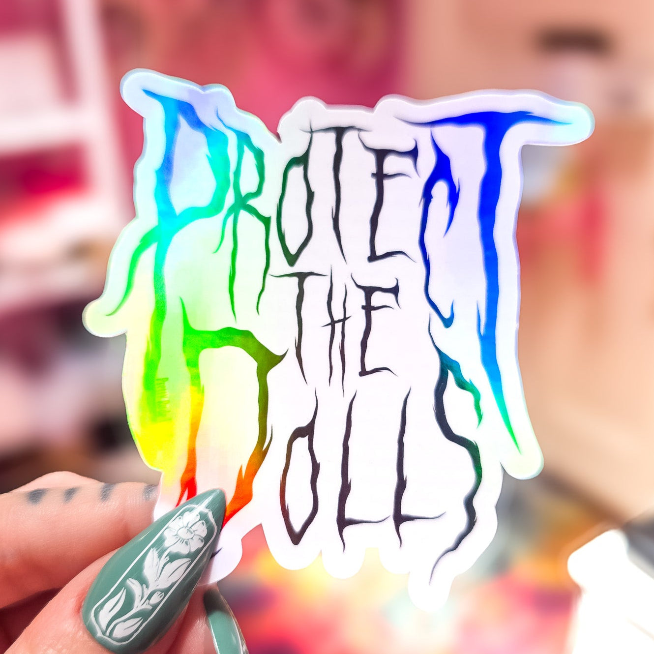 Protect The Dolls Metal Font Sticker, 3.1 x 3.2 in.