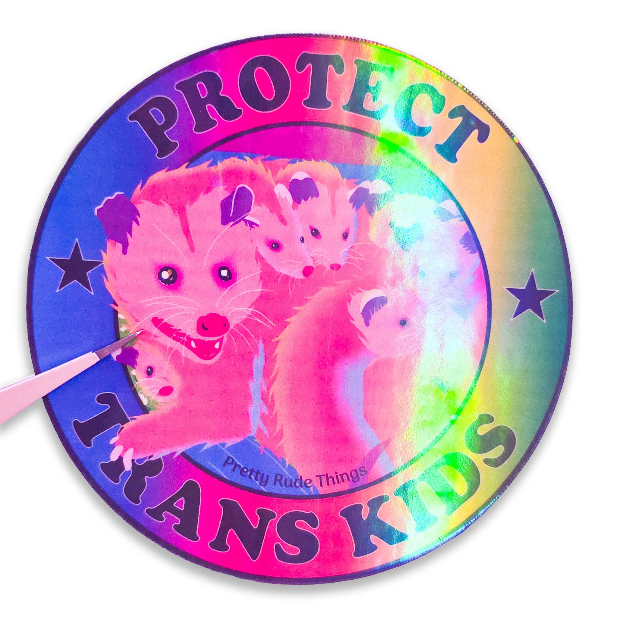 Protect Trans Kids Rainbow Possum Family Sticker, 3 x 3 in.