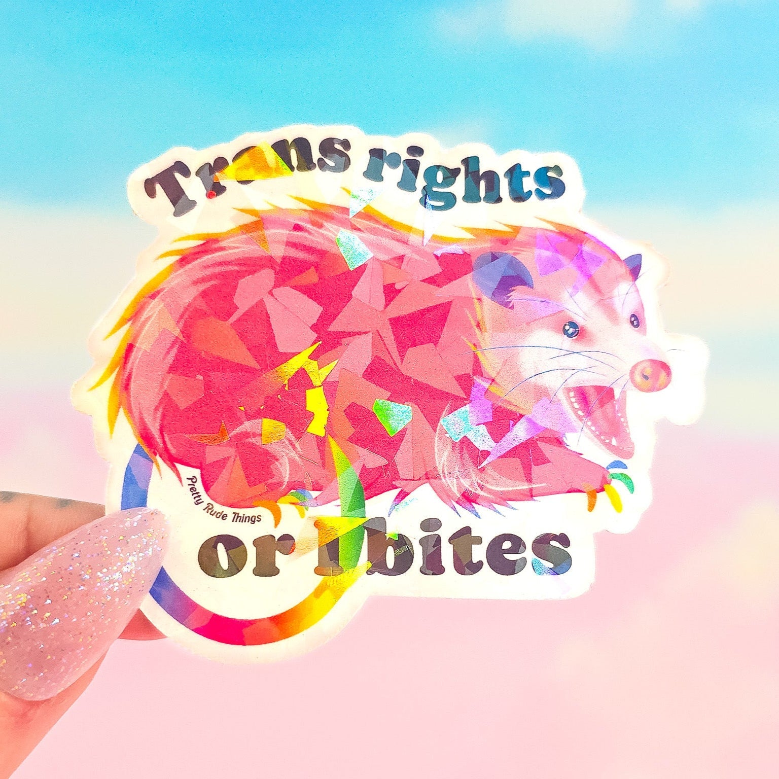 Trans Rights Or I Bites Possum Sticker, 3 x 2.4 in.