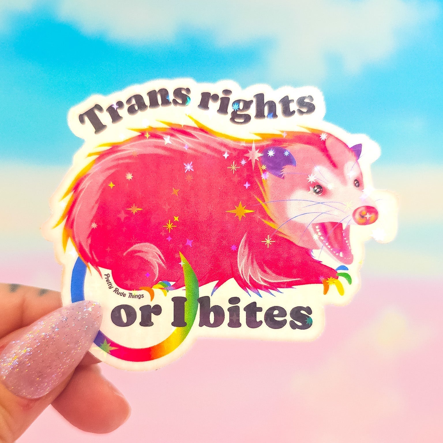 Trans Rights Or I Bites Possum Sticker, 3 x 2.4 in.
