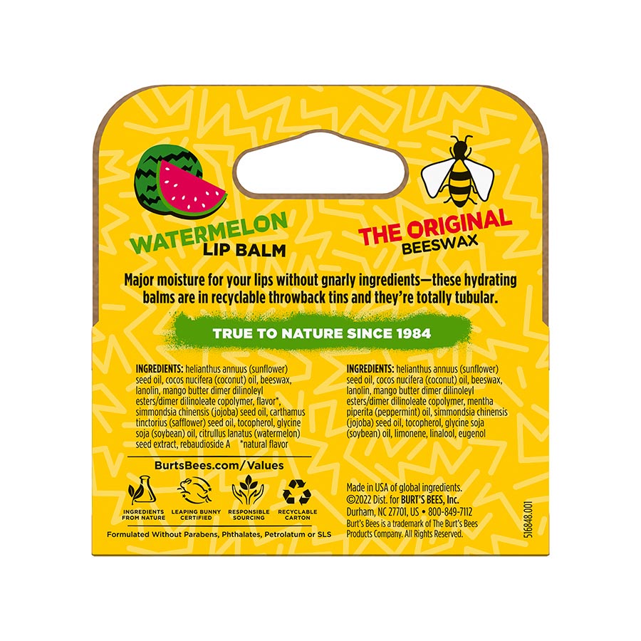 BURT'S BEES BEESWAX AND WATERMELON LIP BALM (2 TINS)