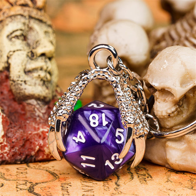 Claw Purple D20 Keychain Featuring Silver Metal Dragon Claw + d20