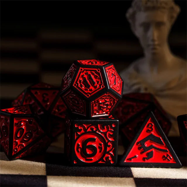 Black with Red Irregular Pattern Fill: 7-Piece Acrylic Dice Set