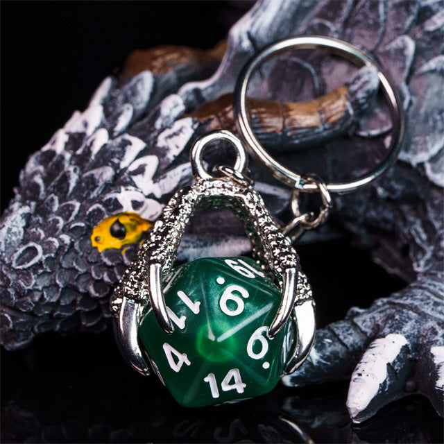 Claw Green D20 Keychain Featuring Silver Metal Dragon Claw + d20