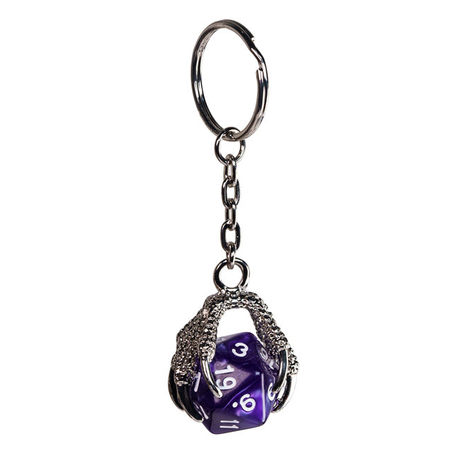 Claw Purple D20 Keychain Featuring Silver Metal Dragon Claw + d20