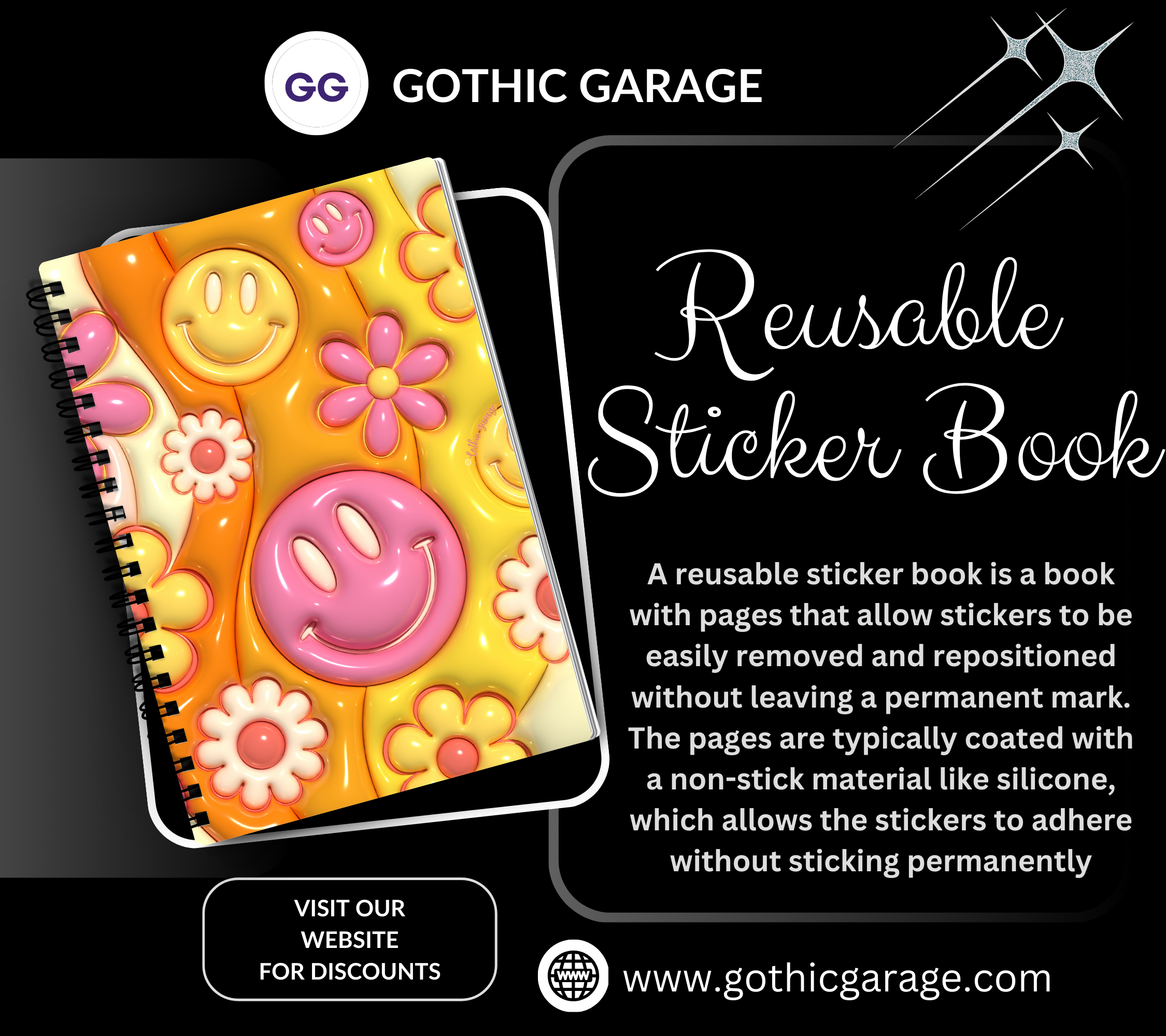 Retro 60's Flower Power Reusable Sticker Book, Vintage & Modern Design Album, Kid and Adult Friendly Organizer
