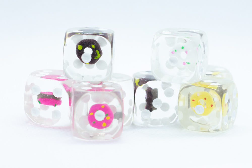 8- Pack Donut Dice Pink, Yellow, Vanilla, Chocolate; 16mm d6 Pipped Dice