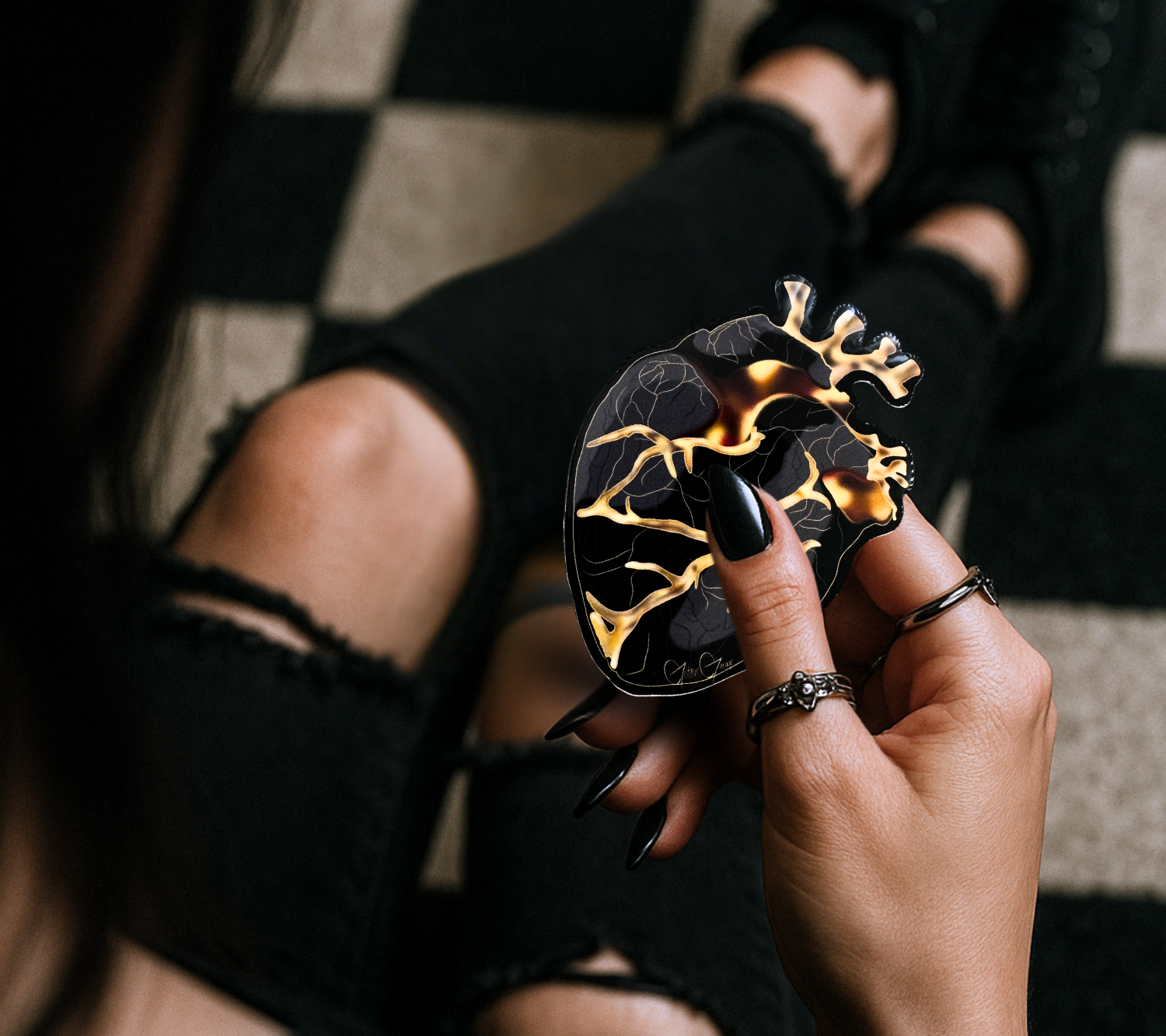 Gold Vein Anatomical Heart Sticker – X-Ray Style Gothic Waterproof Vinyl Decal for Laptops, Water Bottles & Journals