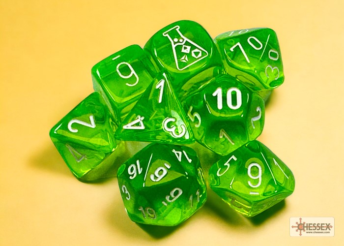 Translucent Polyhedral Rad Green/white 7-Die Set (with bonus die)