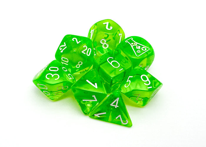 Translucent Polyhedral Rad Green/white 7-Die Set (with bonus die)