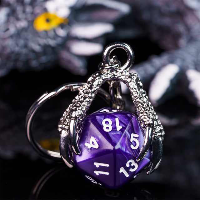 Claw Purple D20 Keychain Featuring Silver Metal Dragon Claw + d20