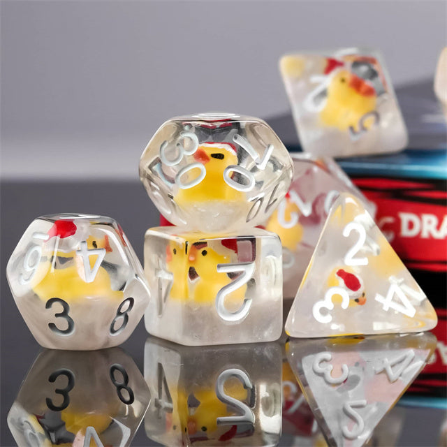 Yellow Duck Red Hat 7-Dice Set w/White Numbers Dnd Dice Set