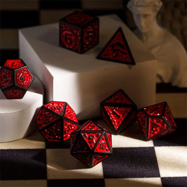 Black with Red Irregular Pattern Fill: 7-Piece Acrylic Dice Set