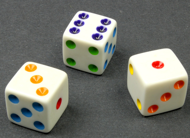 16mm Opaque d6 White/Multi-colored pips | Colorful Novelty Dice