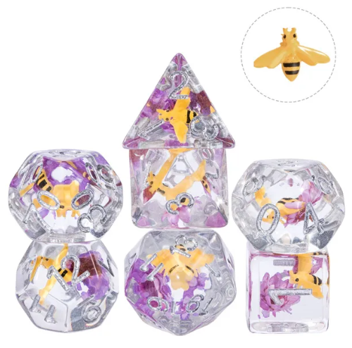 Bees Dice 7-Dice Set Pink w/ Yellow Bee Inside Dnd Dice Set