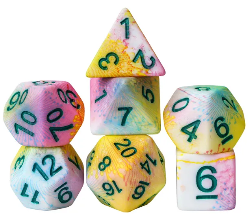 Pastel Multi-Colour Mix Pattern Dice 7-Dice Set w/Green Dnd Dice Resin