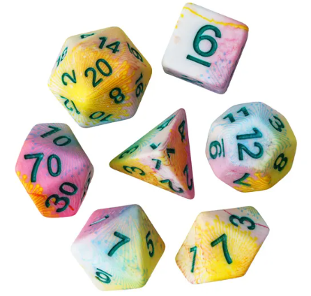 Pastel Multi-Colour Mix Pattern Dice 7-Dice Set w/Green Dnd Dice Resin