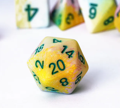 Pastel Multi-Colour Mix Pattern Dice 7-Dice Set w/Green Dnd Dice Resin