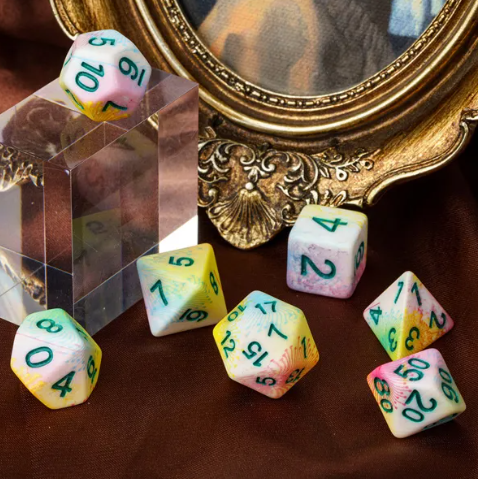 Pastel Multi-Colour Mix Pattern Dice 7-Dice Set w/Green Dnd Dice Resin