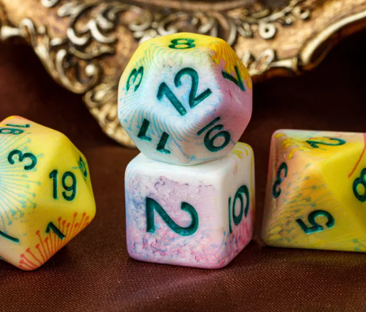 Pastel Multi-Colour Mix Pattern Dice 7-Dice Set w/Green Dnd Dice Resin