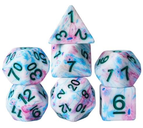 Blue-Pink Multi-Colour Mix Pattern Dice 7-Dice Set w/Teal Dnd Dice Resin