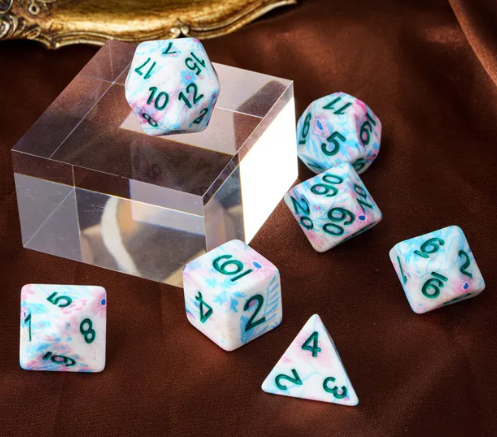 Blue-Pink Multi-Colour Mix Pattern Dice 7-Dice Set w/Teal Dnd Dice Resin