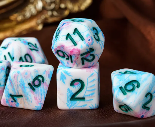 Blue-Pink Multi-Colour Mix Pattern Dice 7-Dice Set w/Teal Dnd Dice Resin