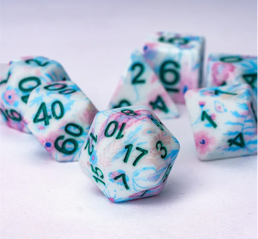 Blue-Pink Multi-Colour Mix Pattern Dice 7-Dice Set w/Teal Dnd Dice Resin