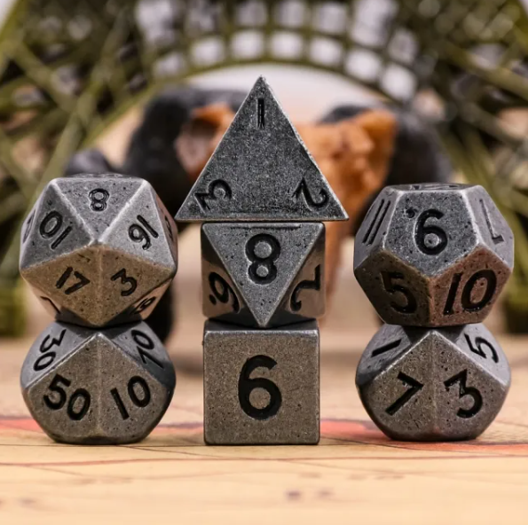 Basic Silver Mini Metal Dice Ancient Effect | (10mm to 15mm) 7-Dice Udixi RPG