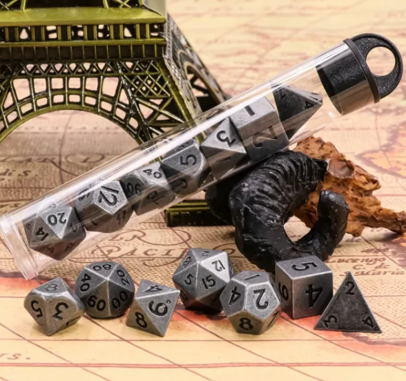 Basic Silver Mini Metal Dice Ancient Effect | (10mm to 15mm) 7-Dice Udixi RPG