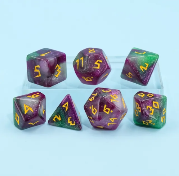Violet Garden Dice 7-Dice Set | Purple and Green Glitter Primitive Font