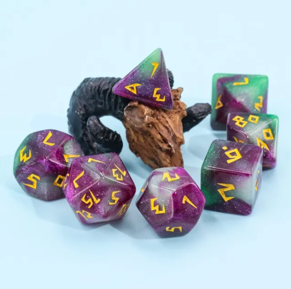 Violet Garden Dice 7-Dice Set | Purple and Green Glitter Primitive Font