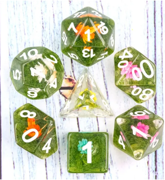 Flower on Grass Dice 7-Dice Set | White Numbers Dnd Resin Set