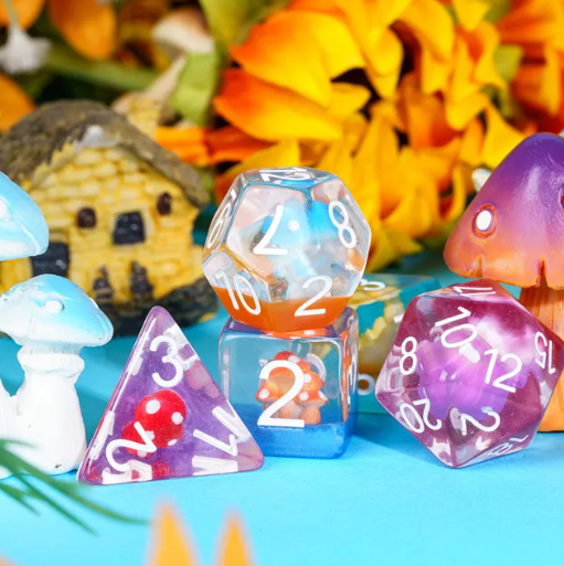 Enchanted Forest Mushroom Dice Set: 7-Piece Clear Resin RPG Dice w/Vibrant Botanicals