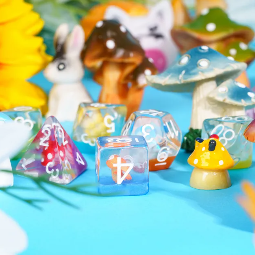 Enchanted Forest Mushroom Dice Set: 7-Piece Clear Resin RPG Dice w/Vibrant Botanicals