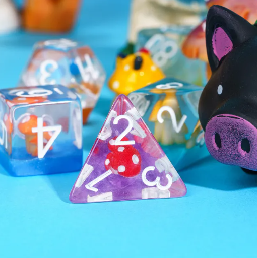 Enchanted Forest Mushroom Dice Set: 7-Piece Clear Resin RPG Dice w/Vibrant Botanicals