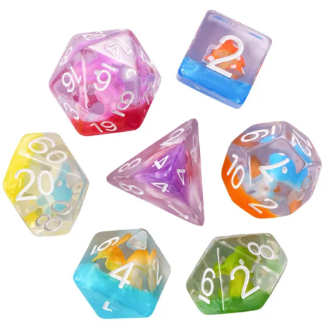 Enchanted Forest Mushroom Dice Set: 7-Piece Clear Resin RPG Dice w/Vibrant Botanicals
