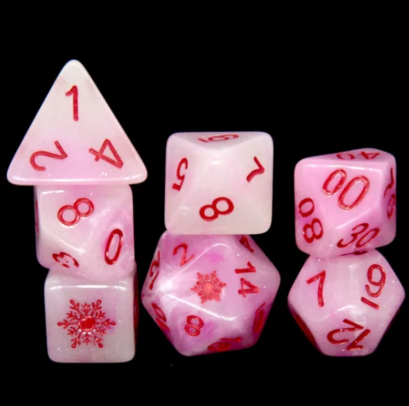 Pink Blizzard's Kiss: Snowflake D&D 7-Dice Set w/Snowflake Emblem