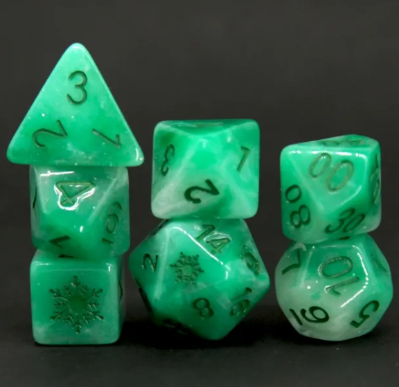 Emerald Blizzard: Green Snowflake D&D 7-Dice Set w/Snowflake Emblem
