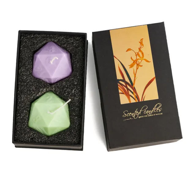 2x Dice Candle | 55mm Candle Dice with Carton Packaging (Purple/Green)