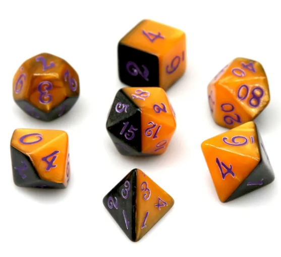 Half-Half Dice Orange & Black  7-Dice Set DND RPG Dice Purple Ink Halloween